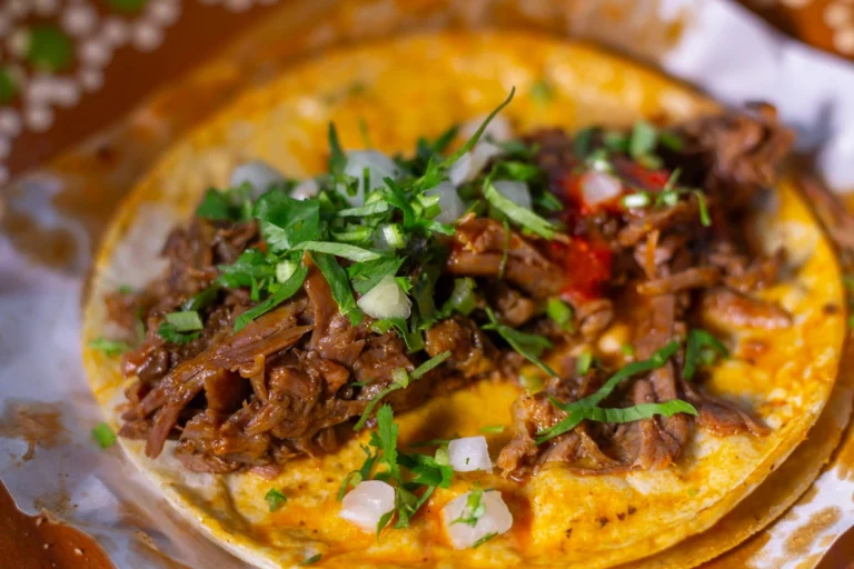 A close-up of a birria taco with shredded meat, cilantro, onions, and sauce.
