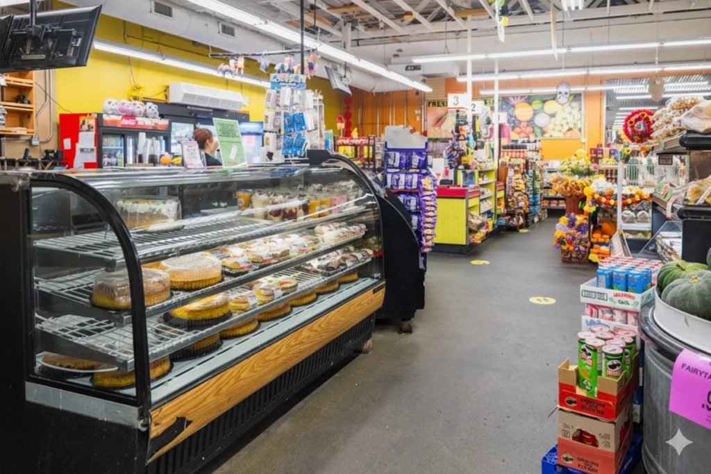 Interior view of a brightly lit market aisle featuring a curved glass display case full of various cakes and pastries.